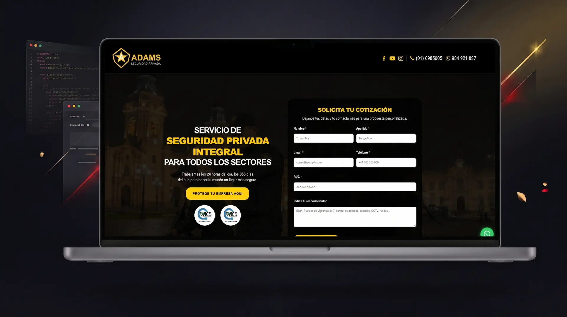 Captura del sitio web de seguridad privada Adams Perú